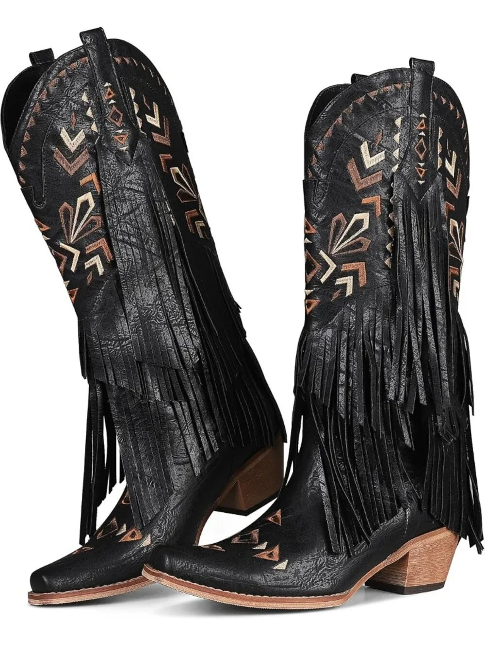 Women's Black Cowgirl Knee High Fringe Boots Rubber Fleece Microfiber